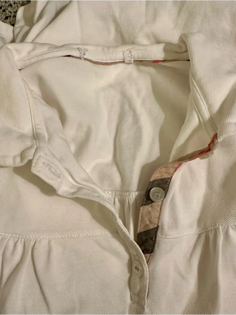 BURBERRY Girls 14 L White Puff Sleeve Polo Shirt Plaid In Collar Pleats R $295
